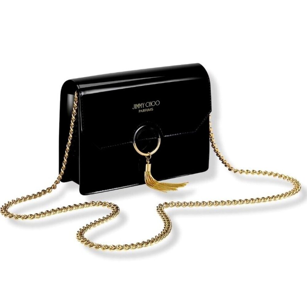 NWT JIMMY CHOO Gold Chain Crossbody Handbag Tassel Evening Clutch GLOSSY BLACK